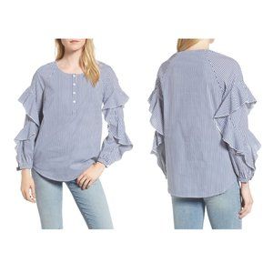 NWT Splendid Womens Ruffled Long Sleeves Henley Top Blue/White Size L $130 K0014